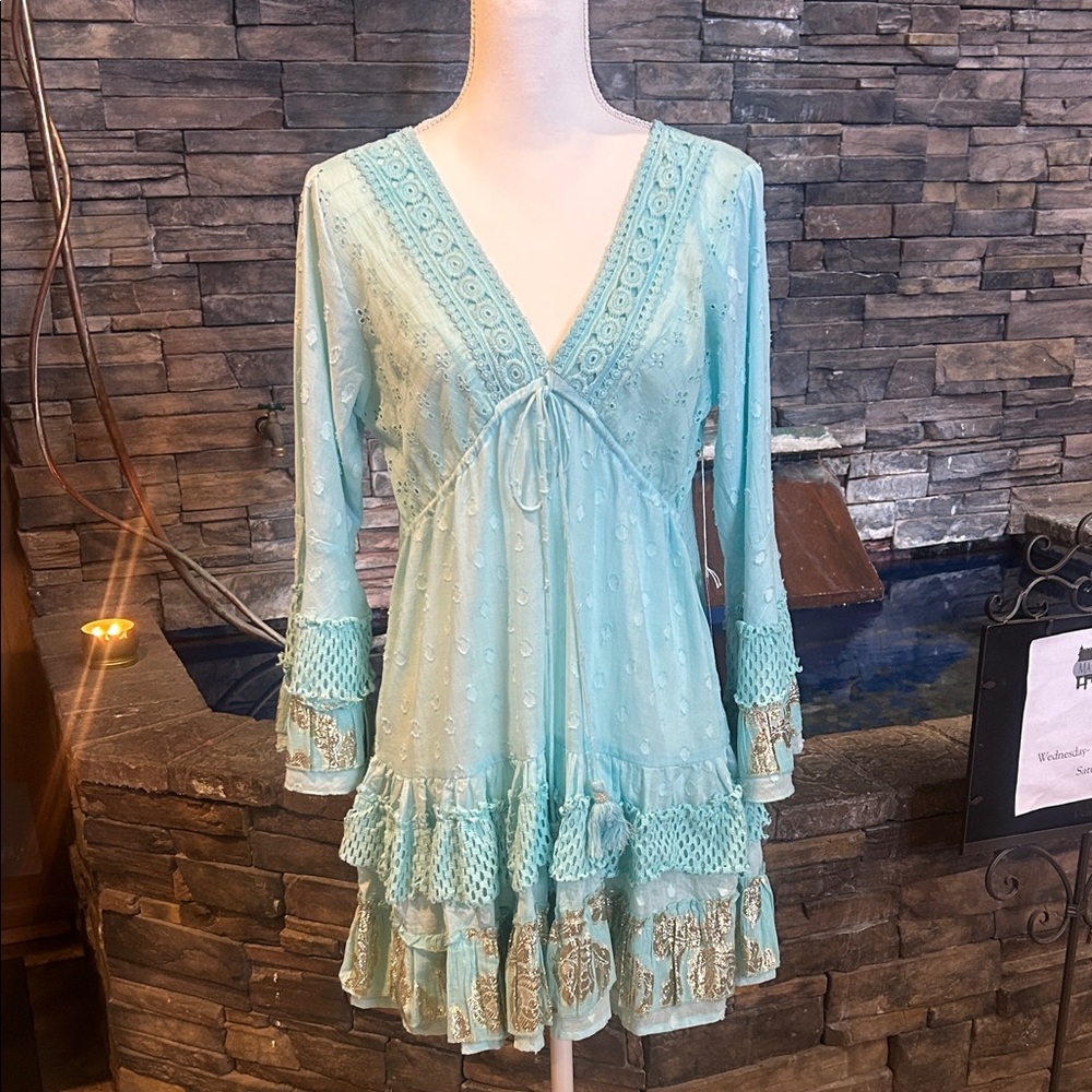 NWT Ranees’ Aqua Embroidered V-Neck Tunic Dress S/M